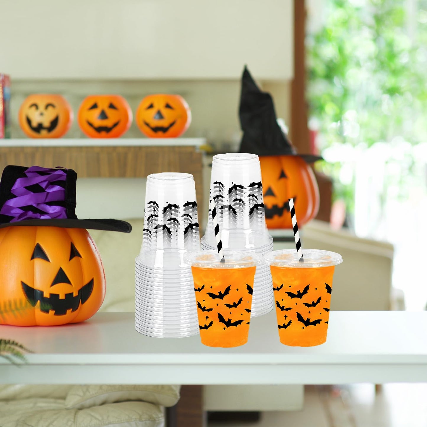 Whaline 50Pcs 12Oz Halloween Plastic Cups with Lids & Straws Black Bat Disposable Clear Drinking Cups for Home Party Supplies