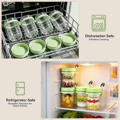 4 Pack Overnight Oats Containers with Lids and Spoons - 16 oz Glass Mason Jars with Dressing Cup, Over night Oat Jars for Meal Prep, Yogurt Parfait Cup for Chiaseed Salad (Green)