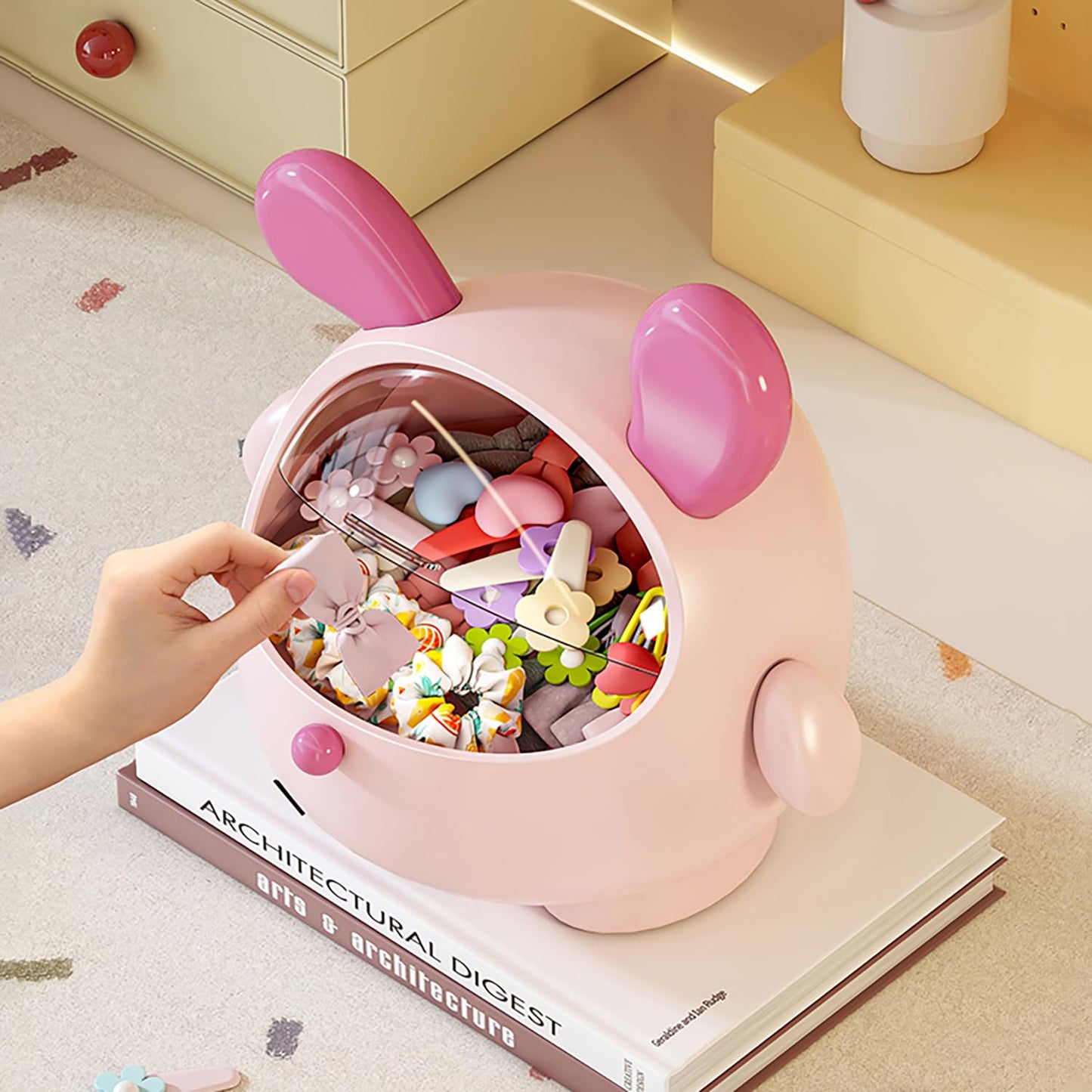 BeeChamp Cute Bunny Mini Trash Can with Lid - Small Cartoon Rabbit Desk Organizer, Storage Box for Kids Room, Office, Bathroom - Adorable Waste Bin for Home & School (Pink)