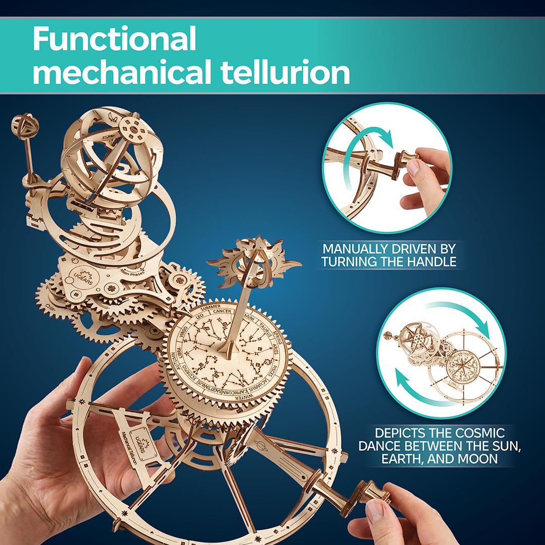 UGEARS Mechanical Tellurion 3D Puzzle - 3D Wooden Puzzled for Adults, Solar System Model Kit, Wooden Model Kits for Adults to Build, Mechanical Models Brain Teaser Puzzle