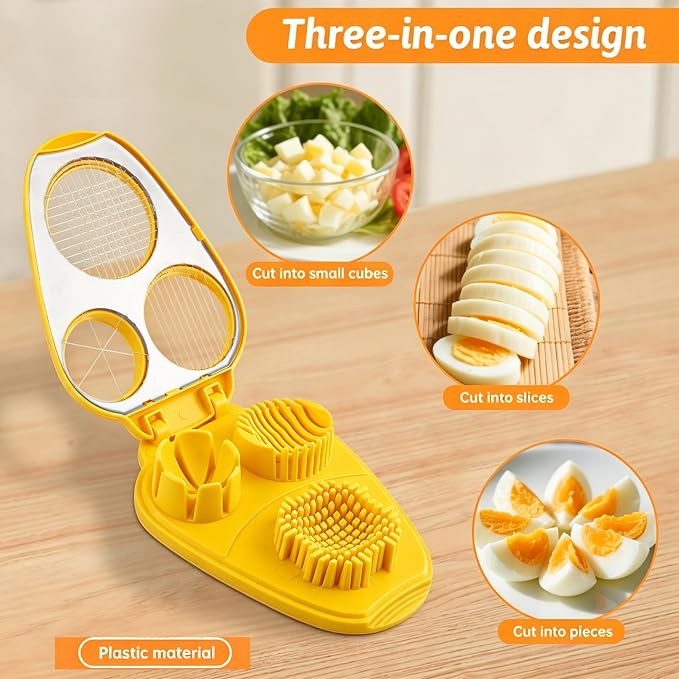 3 in 1 Boiled Egg Slicer, 3 Slice Modes Chopper Cutter with Brush, Manual Egg Slicer Steel Wire Dicer for Hard Boiled Eggs, Kitchen Gadget for Soft Fruit Butter, Labor Saving (Yellow)