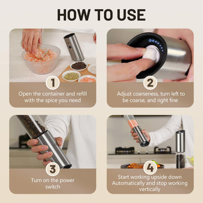 Solisifime Gravity Electric Salt and Pepper Grinder Set, USB Rechargeable Stainless Steel Mills with Large Capacity Tall Glass, LED Light, Adjustable Coarseness, Ideal for Kitchen and Dining(2PCS)