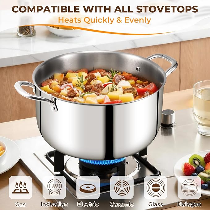 Tri-Ply Stainless Steel Stock Pot, 12 Quart Heavy Duty Induction Cooking Pot with Visible Lid for Pasta, Soup, Spaghetti, Sturdy & Double Handle, Dishwasher Safe
