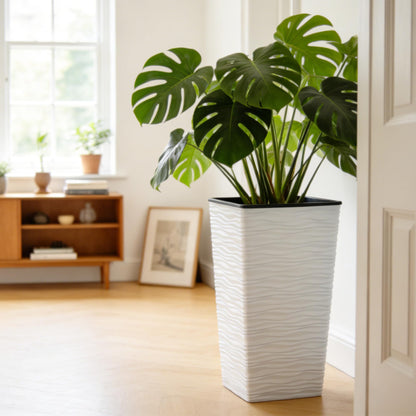 Worth 2 Pack 22" Tall Plastic Square Tapered Planter with Inside Pots for Indoor or Outdoor Use, Modern Wavy Finish for Front Porch or Deck, White