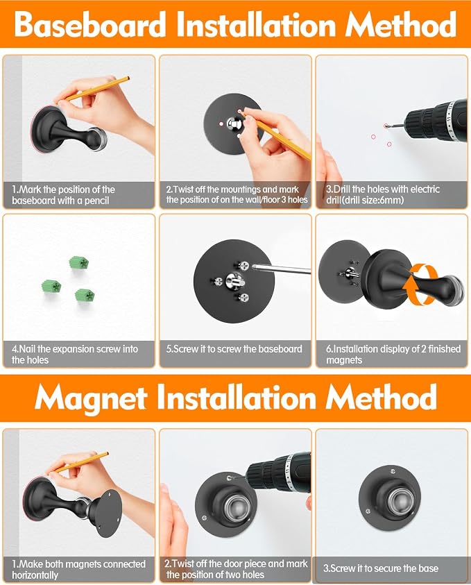 Door Stoppers Magnetic Door Catch - 2 Pack Stainless Steel Heavy Duty Door Holder Stops for Bottom Top of Door - Wall Floor Mounting No Drill 3D Adhesive & Screws Strong Magnet Keep Door Open