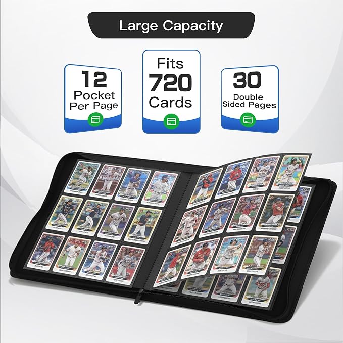 Premium Card Binder 12 Pocket for 720 Pockets Trading Card Binder, PU Zipper Card Collection Album, Book Holder for MTG, TCG, Game Cards, Sports Cards(Black)