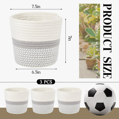 FoldTier 3 Pcs Cotton Rope Plant Basket with Plastic Liner Rustic Plant Basket Planters Modern Woven Decorative Pots for Home Flower Indoor Storage Decor, 7.5 x 6.5 Inches(White, Gray)
