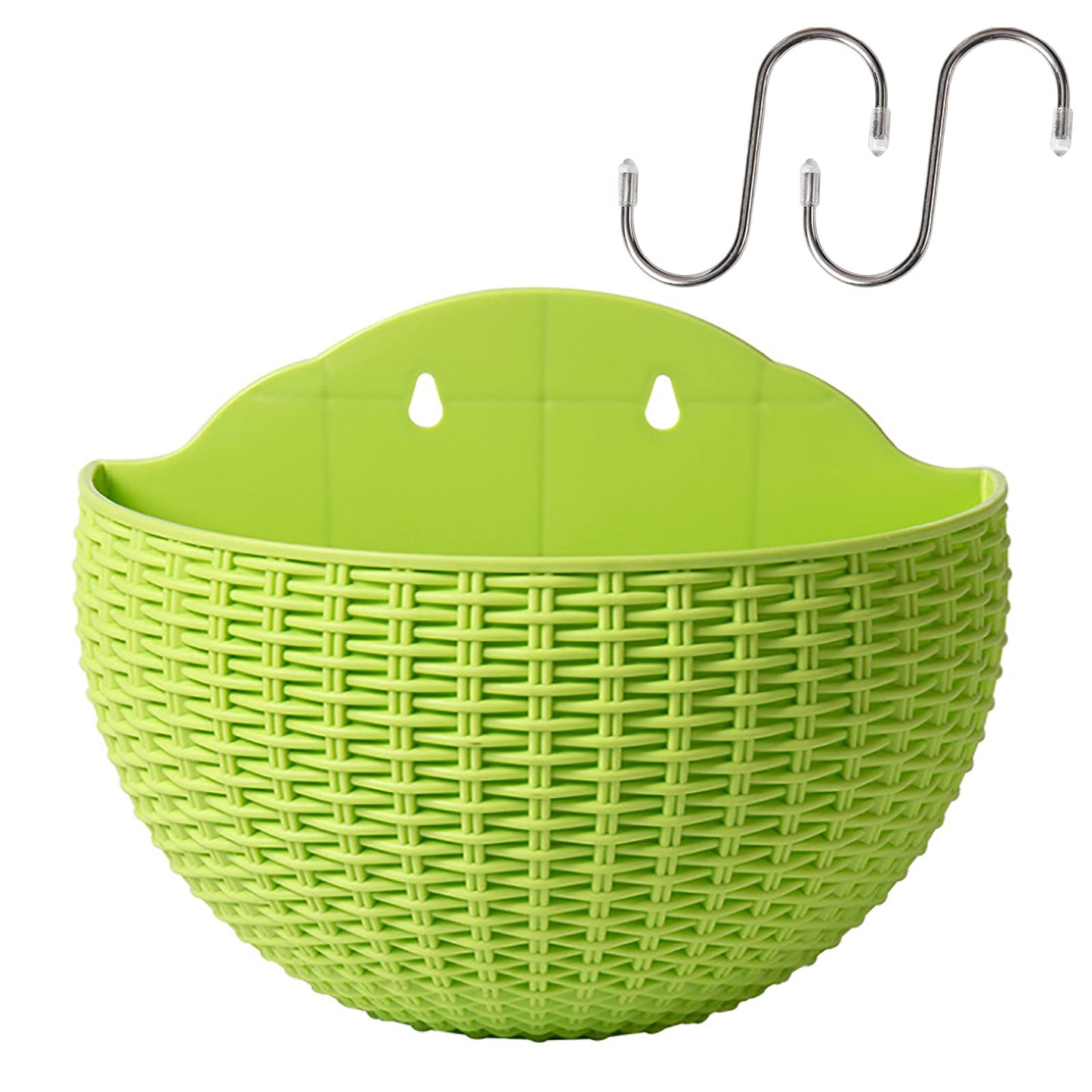 Hanging Planter Pot, Wall and Railing Hanging Planters with S Hooks, Half Round Imitation Rattan European Style Wall Flowerpot Rustic Decorative Flower Basket for Home Balcony Garden(#21*16.5cm Green)