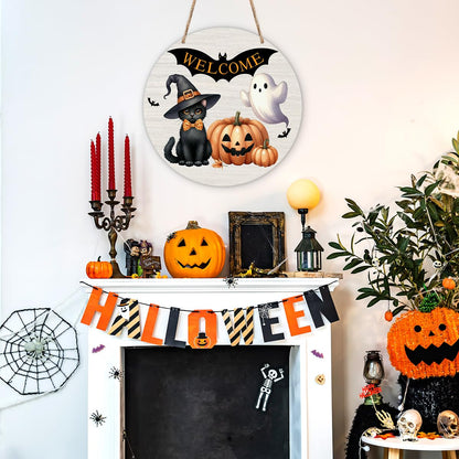 Halloween Welcome Sign, Bat Wooden Front Door Hanger Decorations, Pumpkin Ghost Signs Hanging Wall Decor for Porch Farmhouse Indoor, Halloween Party Supplies-04
