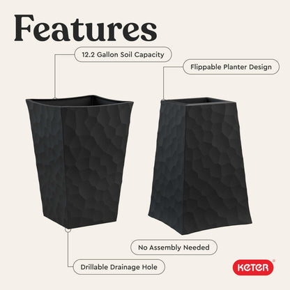 Keter Stone Tapered Planter Set of 2, Tall 26.4‑Inch Resin Outdoor Flower Pots with Stone‑Look Finish and 12.2‑Gallon Capacity, Graphite