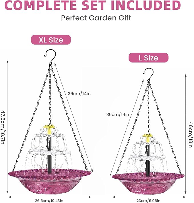 Solar Fountain for Bird Bath, Hanging Cascade Water Feature for Outdoor Garden & Yard Decor, Creates a Relaxing Flow that Attracts Birds (Purple(XL))