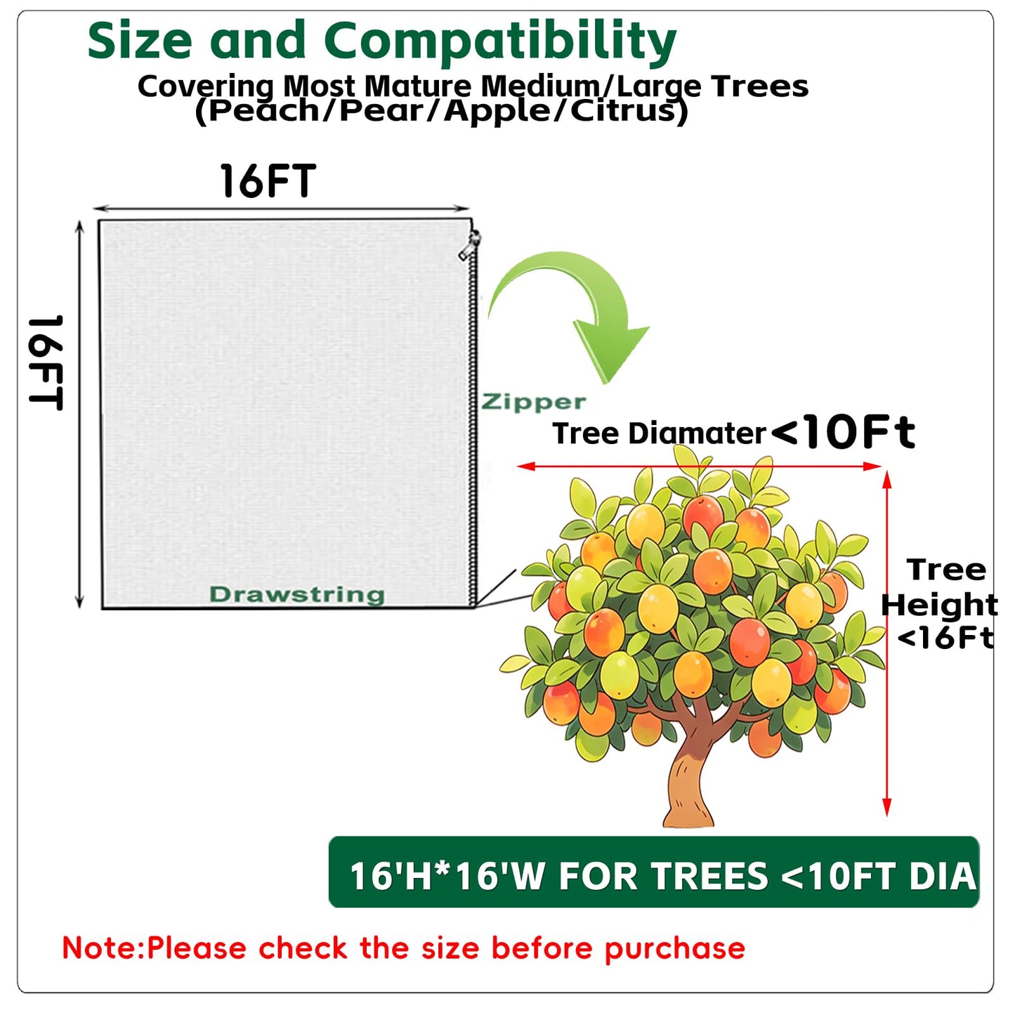 16x16Ft Extra Large Fruit Tree Netting Cover with Zipper & Drawstring, Garden Mesh Netting for Protecting Plants from Birds,Bug& Squirrels,Ultra Fine Weather Resistant Tree Netting