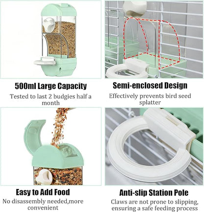 Automatic Bird Cage Feeder No Mess Bird Feeding Station Parrot Vegetable Holder Fruit Clips for Parakeet Cockatoo Canary Lovebirds Budgie (Blue)