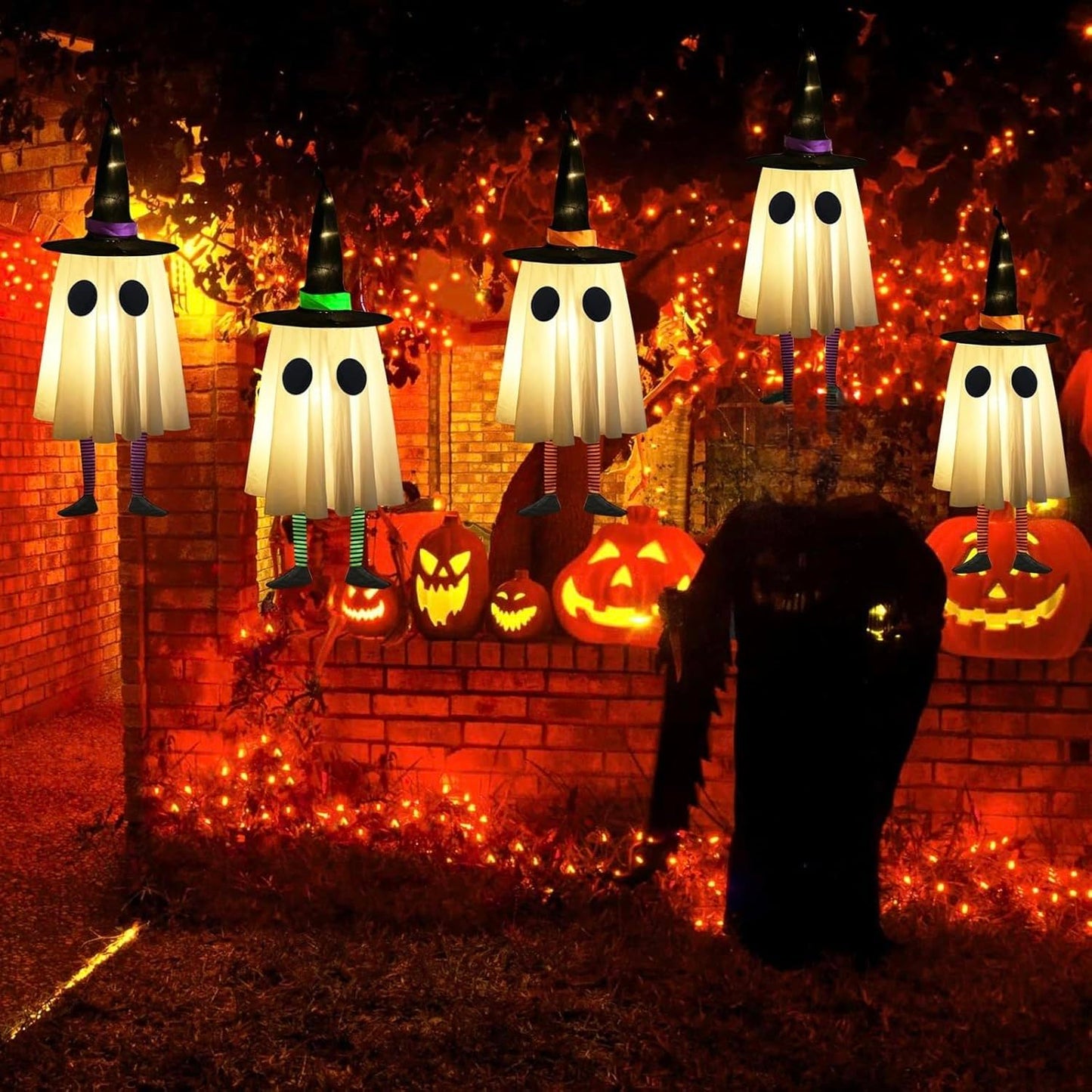 Set of 3 Halloween Hanging Ghosts,Halloween Decorations Outdoor Hanging Ghosts with Witch Hat,Glowing Ghost Witch Hat Light, Halloween Ghost Decor for Yard Patio Garden Tree Outside(3 Ghost Lighted)