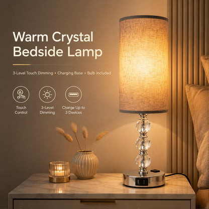 Wiomonrew Crystal Table Lamp 14.6", 3-Way Dimmable with Touch Control, USB Charging Ports & AC Outlet, Bulb Included, – 3000K Warm White for Bedroom Living Room