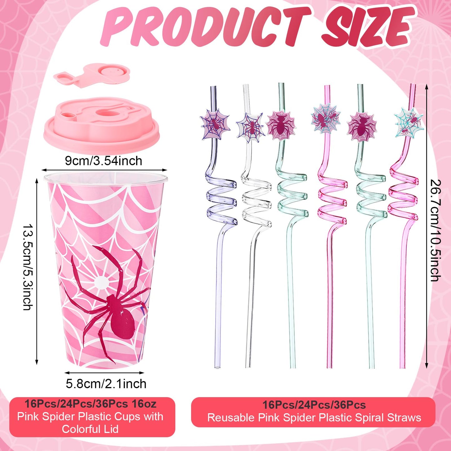 Yungyan 16 Sets Pink Spider Ghost Party Favors Goodie Cups with Lids and Straws for Halloween Party Decorations Reusable 16oz Plastic Candy Cups Plastic Straws for Birthday Gift (Pink Spider)