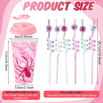 Yungyan 16 Sets Pink Spider Ghost Party Favors Goodie Cups with Lids and Straws for Halloween Party Decorations Reusable 16oz Plastic Candy Cups Plastic Straws for Birthday Gift (Pink Spider)