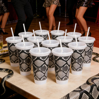 LIONSOUL 12 Pack Snake Print Reusable Cups with Lids and Straws 24 oz Plastic Tumblers Bulk Snakeskin Pattern Party Cups for Birthday Halloween Fashion Theme Party Supplies
