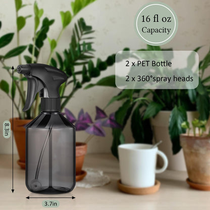 Baderke 2 Pcs Spray Bottle, 16 oz Plastic Spray Bottles for Cleaning 360° Upside Down Sprayer Bottles for Cleaning Solutions, Durable Nozzle W/fine Mist and Stream Setting(Gray)