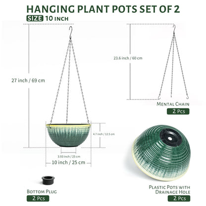 LESOASIS 10inch Hanging Planter, 2 Pack Hanging Planters for Indoor and Outdoor Plants, Glazed Hanging Plant Holder with Drainage, Indoor Hanging Flower Pots for Garden Home (Green Glaze)