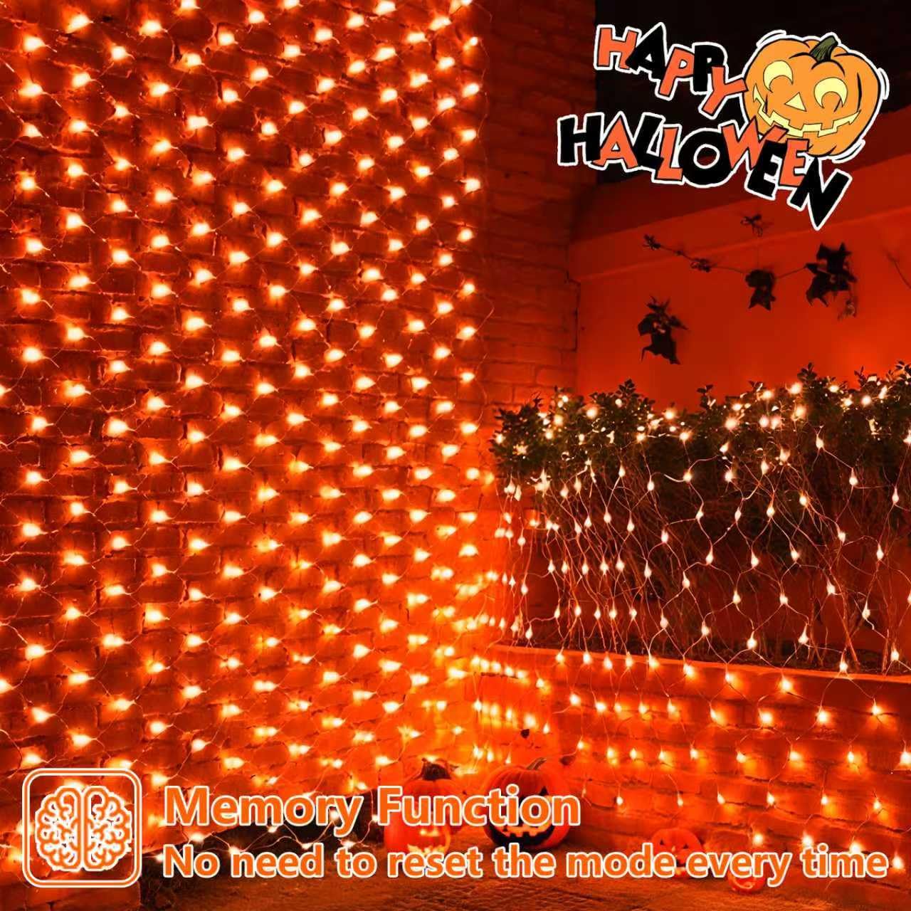 YEGUO Orange Halloween Lights, 12ft x 5ft 360 LED Net Lights Outdoor Mesh Lights, 8 Modes Clear Wire Christmas Bush Light Plug in