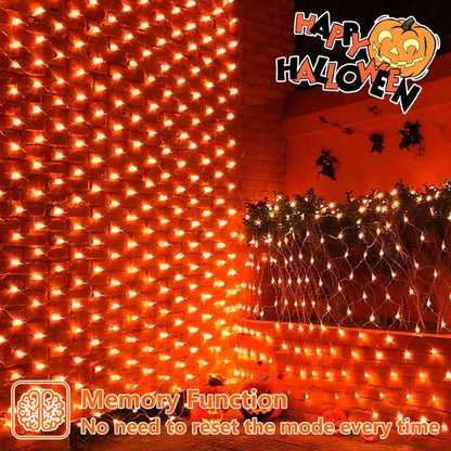 YEGUO Orange Halloween Lights, 12ft x 5ft 360 LED Net Lights Outdoor Mesh Lights, 8 Modes Clear Wire Christmas Bush Light Plug in