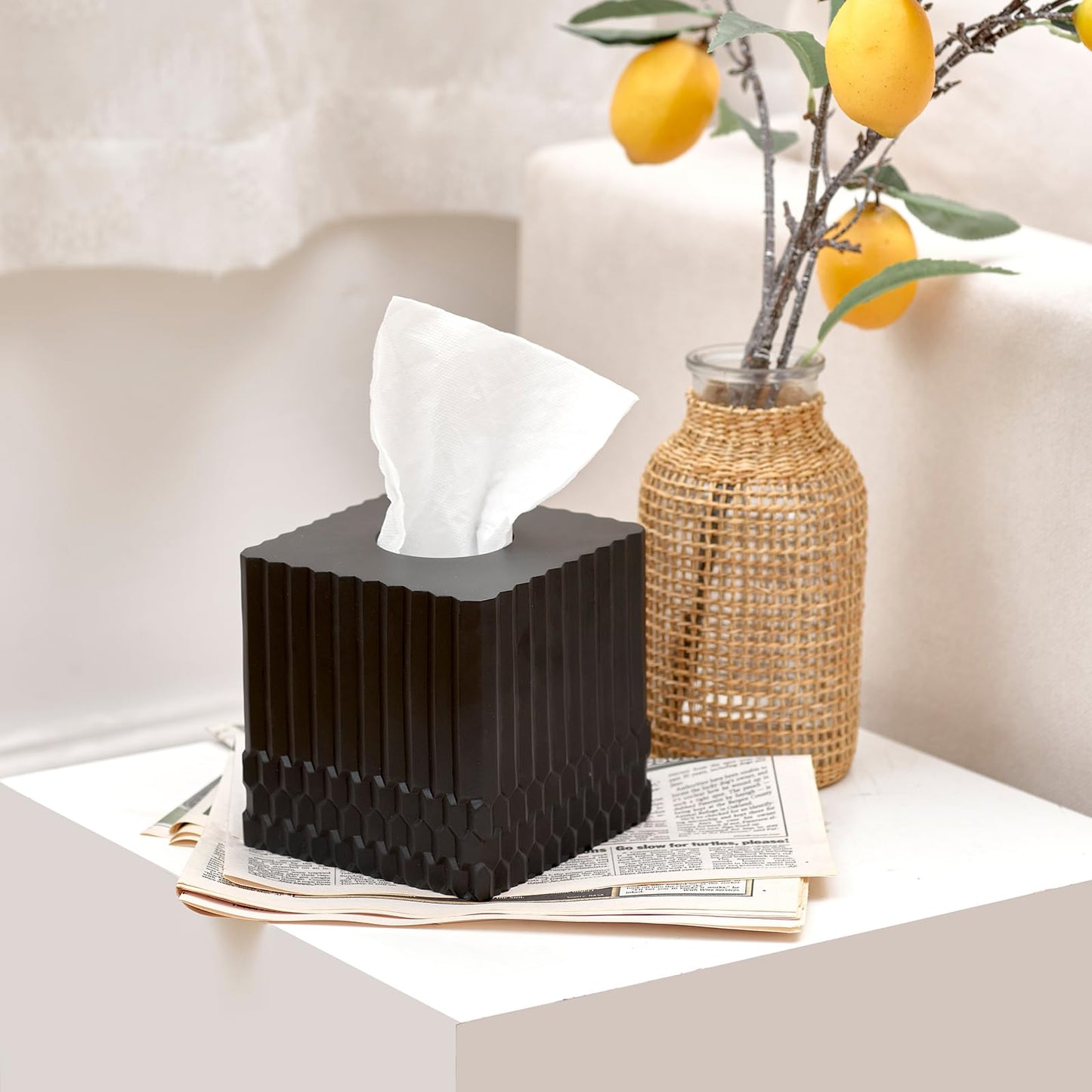 Black Tissue Box Cover Square, Tissue Box Holder for Bathroom Countertop,Vanity, Tabletop, Bedroom Night Stand,Office and Living Room Decorative - Modern Geometric Striped Tissue Paper Dispenser