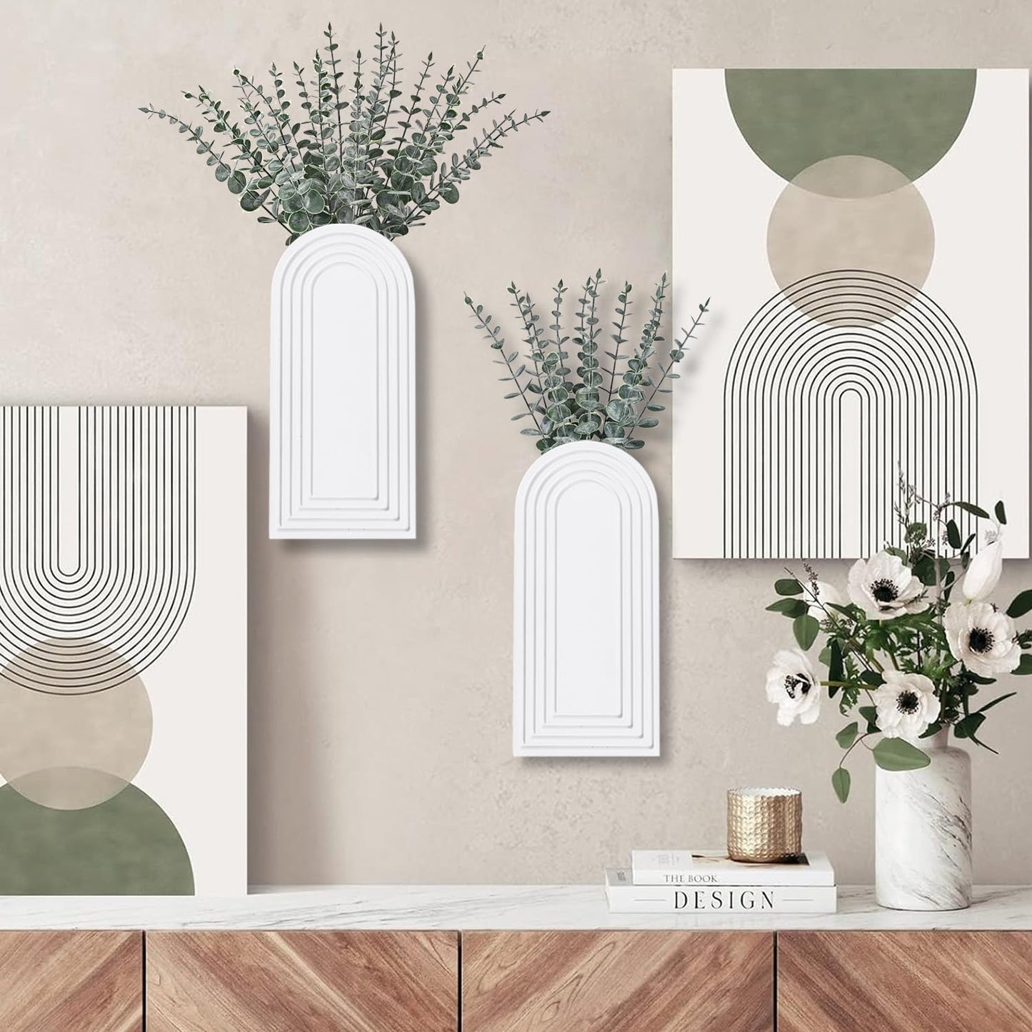 Dnnnii 2 Pack Wooden Wall Vase Set - White Finish Modern Farmhouse & Boho Wall Decor for Entryway, Hallway, Bathroom, Living Room, Dining Room, Narrow Spaces