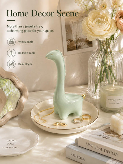 bwszrosa Ring Holder Dinosaur Jewelry Dish, Ceramic Dino Trinket Tray for Rings Earrings Necklace Bracelet, Animal Organizer for Vanity Nightstand Bathroom