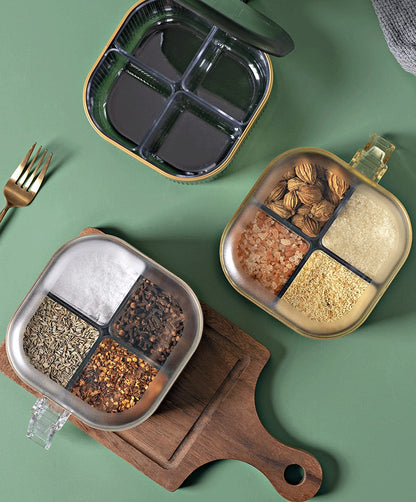 NAN Wind 4 Compartments Seasoning Box With Lid,Clear Seasoning Storage Box Container,Seasoning Box with Cover and Serving Spoons,Kitchen Condiment Jars,Plastic Seasoning Box Set(White)