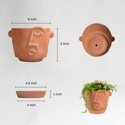HERDUK 6 Inch Terracotta Abstract Face Planter with Drainage & Saucer – Artistic Ceramic Flower Pot for Indoor Plants, Boho Home Decor, Unique Gift for Plant & Art Lovers