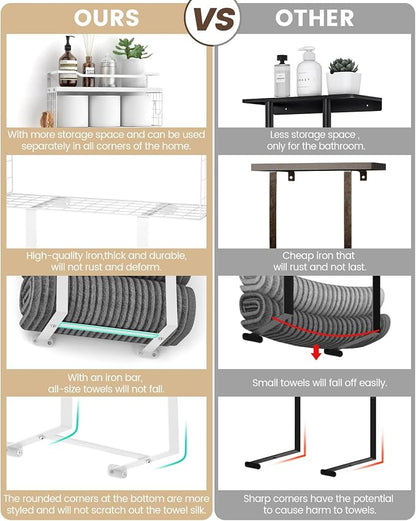 Towel Racks for Bathroom Wall Mounted - Bath Wall Towel Holder Set Above Toilet Storage, Rolled Towel Shelf Organizer for Small Bathroom All White, Wood Vertical Towel Rack for Bathroom Wall Decor