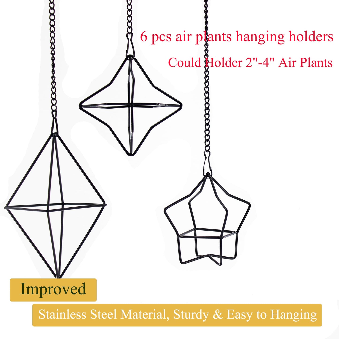 libproqia Geometric Air Plant Hanger 6 Pack Black Metal, 3 Shapes & 2 Sizes with Detachable Chains, Modern Himmeli Wall Hanging Planter for Tillandsia Indoor Home Decor