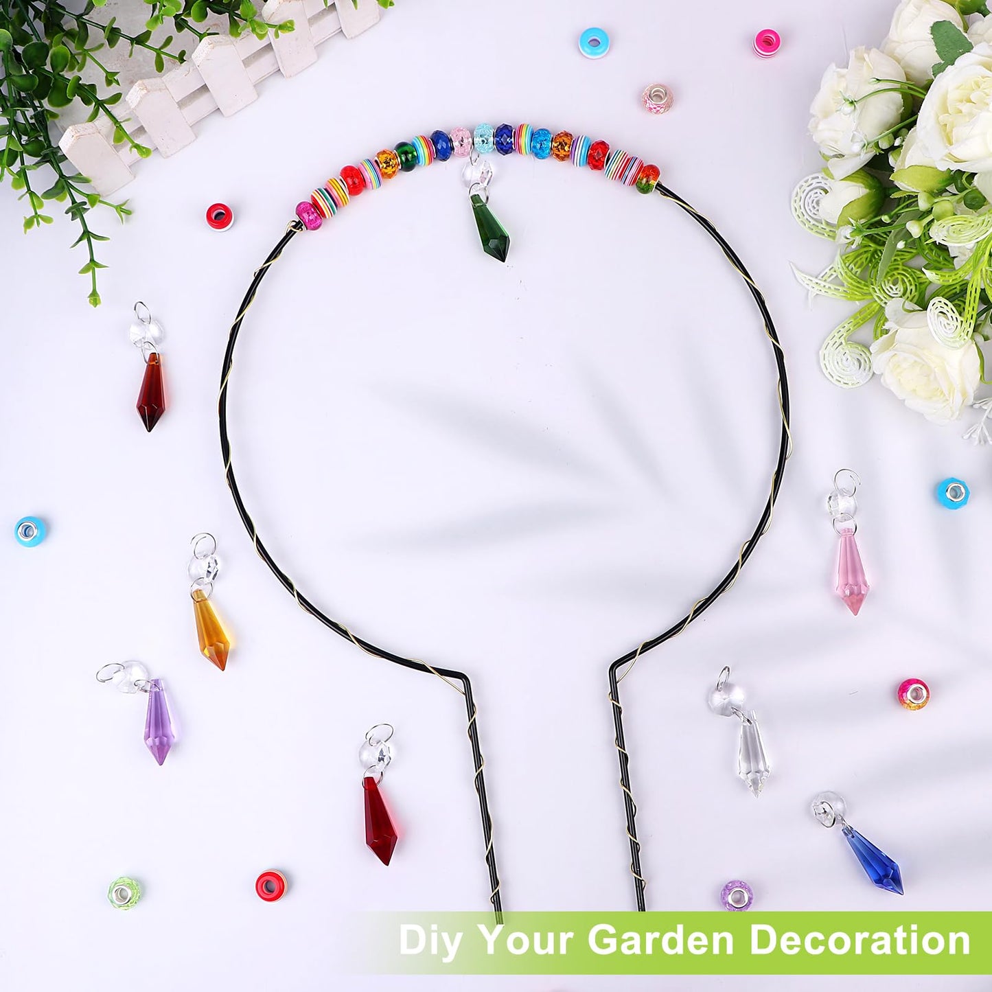 274Pcs Beaded Garden Stakes Kit Fairy Garden Stakes DIY Fairy Wand Garden Stake Beads Kits with 10 Colorful Crystal Charm 10 Round Arch Stand 250 Colorful Beads for Garden Craft Supplies