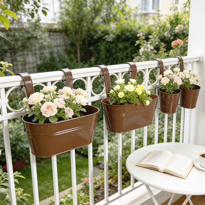 Joyfernal Pack of 4 Metal Hanging Planters for Outdoor Plants, 2 Pcs 4" Round Railing Planter & 2 Pcs 10" Oval Fence Flower Pots for Balcony Garden Decor, Chocolate