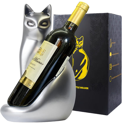 MAIHOM Tabletop Wine Rack Elegant Cat Shaped, Cat Decor Resin Wine Bottle Holder, Decorative Wine Storage for Home Bar, with Packaging for Cat Lovers Women, Silver