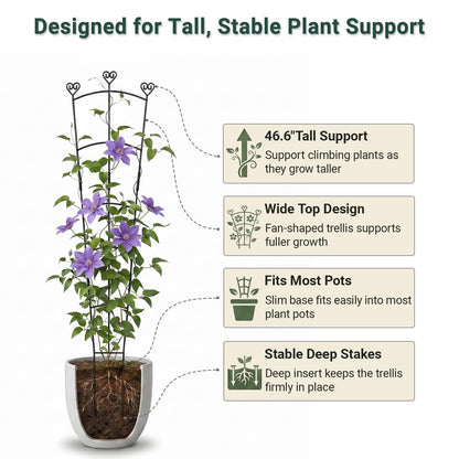 46.6" Tall Plant Trellis for Climbing Plants Indoor Outdoor, Durable Metal Trellis for Potted Plants, Adjustable Climbing Plant Support for Vines, Clematis, Morning Glories, Ivy, Black, 2 Pack