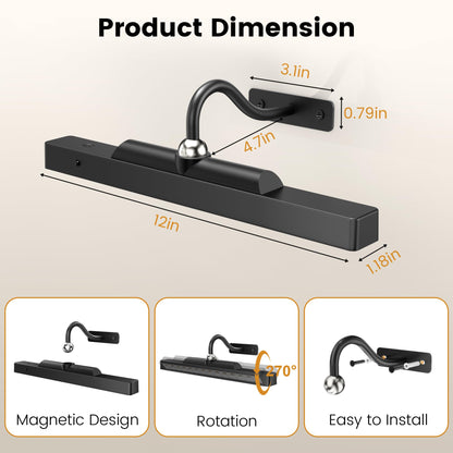 Craftersmark Wireless Picture Lights 12", 4400mAh Battery Powered Cordless Wall Lights, 2Pack Dimmable Remote Timer for Painting Artwork Living Room (Black)
