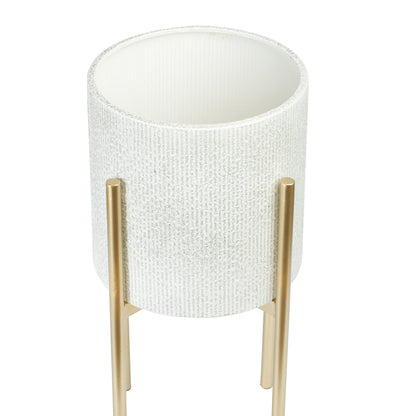 Main + Mesa Modern Boho Embossed Metal Planters with Stands, White and Gold, Set of 2 Sizes