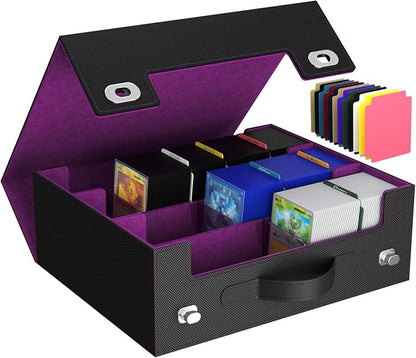Lifewit Trading Card Storage Box with Handle, Holds Up to 1800 Sleeved Cards with 12 Adujstable Dividers & 4 Stoppers, Aluminum Closure PU Leather Case for MTG, PTCG, YGO, Sports Cards, Black& Purple