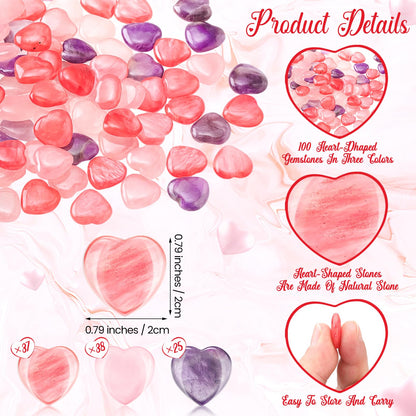 Soulchen 100 Pcs Valentine's Day Heart Healing Stone Bulk Inspirational Worry Love 0.8 Inch Quartz Heart Inspirational Stones Gift for Women Valentines Gift Natural Energy Balancing Meditation