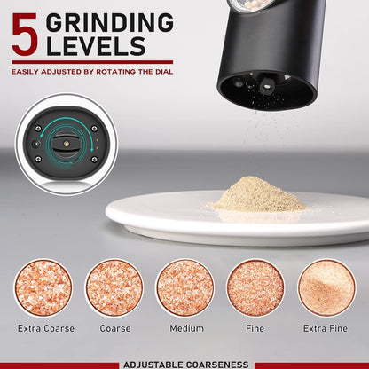 Electric Salt and Pepper Grinder Set with Dual Rechargeable Base, Automatic Salt and Pepper Shakers with LED Light, One-Handed Operation Adjustable Coarseness Pepper Mill, Gifts for Mom