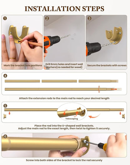 Heavy Duty Closet Rod, 17-84 IN Closet Rods for Hanging Clothes, Gold | Stepless Adjustable, Supports up to 66 lbs, Multiple Size Options, Easy Installation, Multi Purpose , Wall-Mounted
