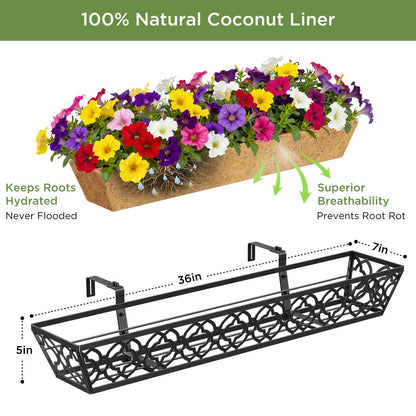 Y&M 36 Inch Window Deck Planter with Coco Liner, Metal Hanging Flower Boxes for Fence, Railing, Balcony, and Outdoor Garden Lawn – 2pcs