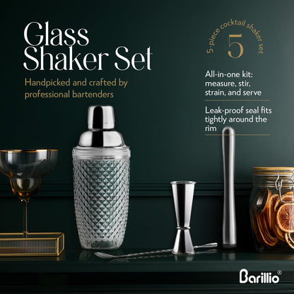 Barillio Glass Cocktail Shaker Set | 14 oz Cobbler Mixer with Bar Tools | Bartender Kit with Measuring Jigger, Mixing Spoon and Muddler | Gift Set