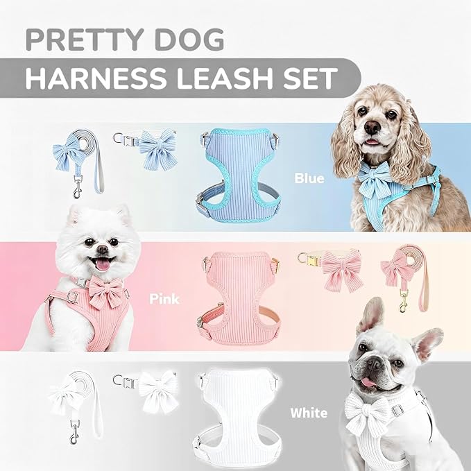 Small Dog Collar Harness and Leash Set with Bowtie, Adjustable Dog Harness Collar and Leash Set with Secure Metal Buckle, Breathable Cotton Adjustable Pet Puppy Harness, Easy Walk Harness, M(16-21")