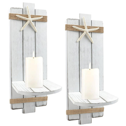 Fangoo 2Pack 15.7 Inch Natural Starfish Wooden Wall Candle Sconces Coastal Wall Decor Ocean Wall Candle Holder Beach Bathroom Decor Farmhouse Hanging Art Bedroom Gifts (White)