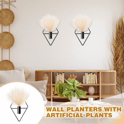 Jexine 2 Pcs Boho Wall Decor Gold Wall Art Hanging Planters with Artificial Pampas Mounted Metal Decor Modern Home Display Art Bedroom Bathroom Living Room(Black)