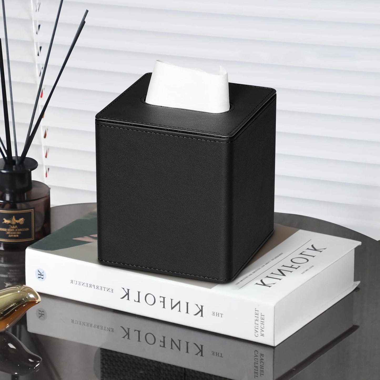 MEIBOOCH PU Leather Tissue Box Cover Square Tissue Box Holder with Magnetic Closure (Black)