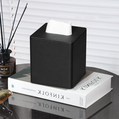 MEIBOOCH PU Leather Tissue Box Cover Square Tissue Box Holder with Magnetic Closure (Black)